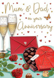 Heartfelt anniversary card illustration created in a style that feels very much at home in Gerrards Cross, portraying a cosy celebration for Mum and Dad. At the heart of the design, two luxuriant red roses lie across a tabletop, petals plush and densely layered, glowing in shades of deep scarlet that recall a freshly prepared anniversary bouquet from a local florist near Packhorse Road. Their vivid hue is tempered by surrounding green foliage, which adds softness and a sense of natural abundance. Just beside them rests a heart-shaped box of chocolates, its red casing rich and warm, crowned with a generous bow that loops elegantly across the lid. The box sits open, revealing carefully detailed chocolates that suggest a smooth, indulgent texture simply by their shading. Slightly behind, two slender champagne flutes stand shoulder to shoulder, filled with pale golden fizz. Tiny bubbles rise within the glass, catching imagined light like the sparkle of a special toast shared at a dining table in a Gerrards Cross townhouse. All around, petite gold and crimson hearts drift and twirl, framing delicate hand-lettered words for Mum & Dad that give the card a personal, family-focused charm. Towards the front edge of the scene, a bright, scarlet-red envelope lies ready, its pointed flap closed, hinting at an intimate handwritten note tucked inside. The entire composition blends romance and homely warmth, evoking the clink of glasses, the subtle perfume of roses, and the sweetness of chocolates shared in quiet gratitude for years of love and partnership.